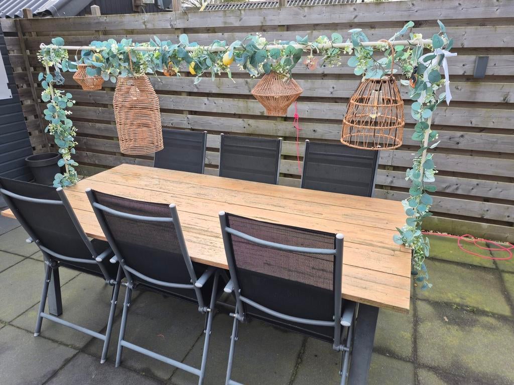 Buitentafel met 6 stoelen, Tuin en Terras, Tuintafels, Ophalen of Verzenden, Gebruikt, Rechthoekig, Hout