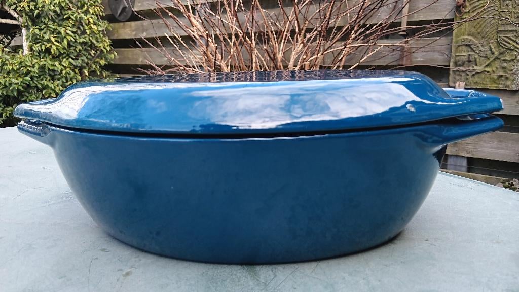 Vintage COPCO Michael Lax gietijzer blauw ovaal pan (G246), Gebruikt, Gietijzer, Ophalen of Verzenden, Keramische plaat