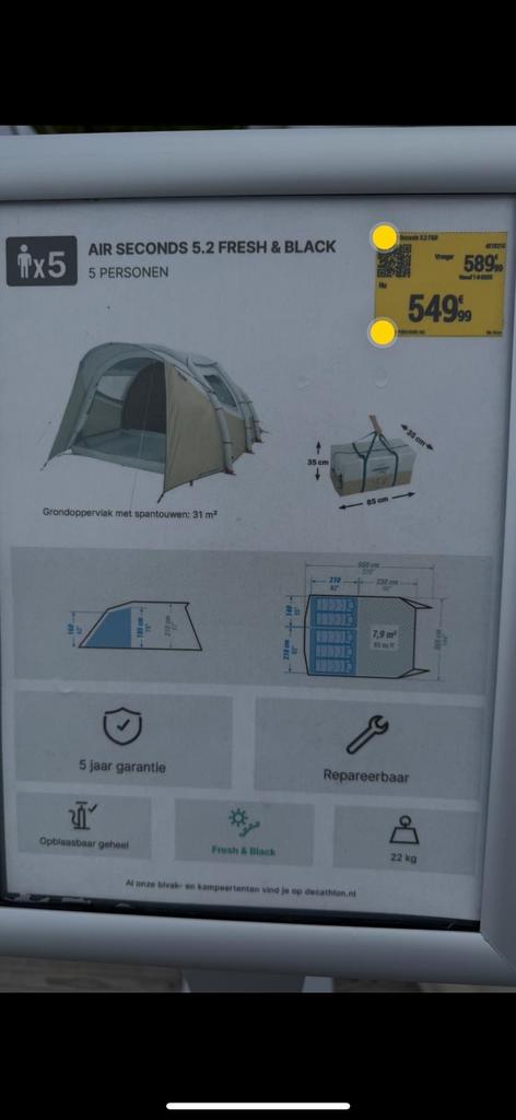 Quechua Air Seconds 5.2 Fresh & Black tent en tarp(voortent), Caravans en Kamperen, Ophalen of Verzenden, Zo goed als nieuw, Tot en met 5