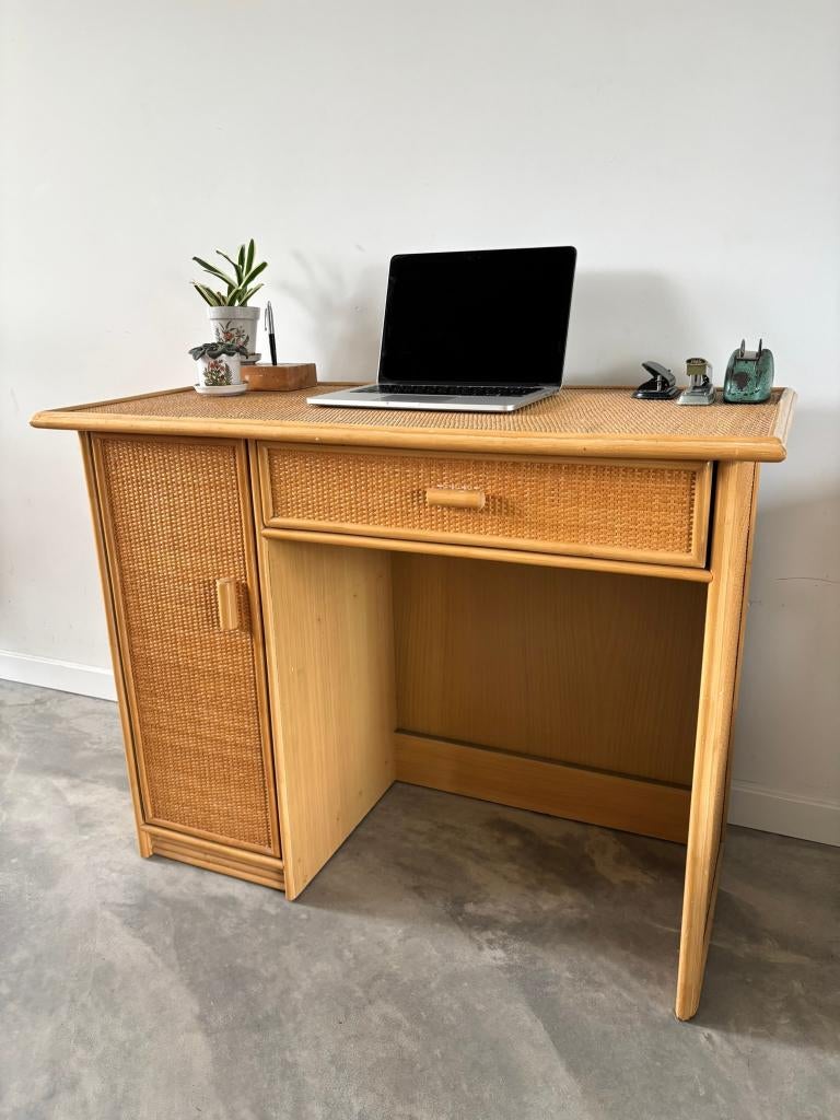 Vintage rotan bureau met lade en kastje, Ophalen, Gebruikt