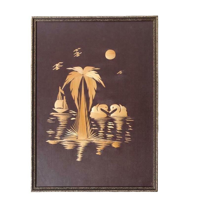 Vintage Indisch bamboe SCHILDERIJ zwanen zeilboot palm jr.50, Ophalen of Verzenden