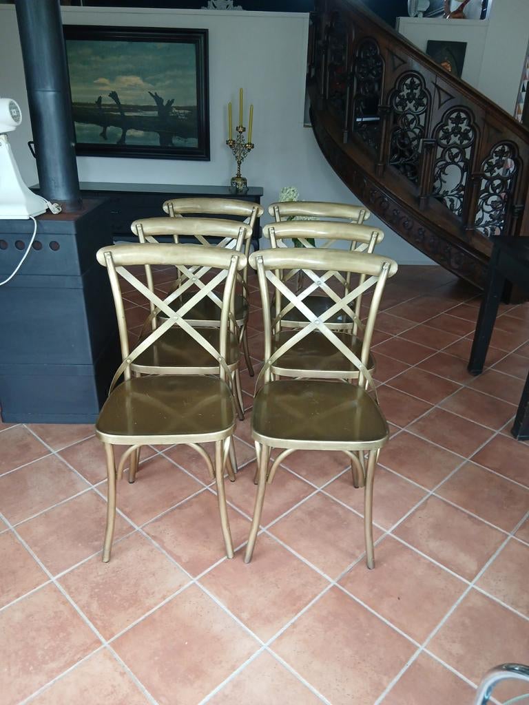 6 goud metalen stoelen met industriële look, Huis en Inrichting, Stoelen, Ophalen of Verzenden, Zwart