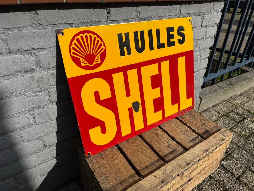 Vintage Shell Emaille Reclamebord - Huiles Shell, Ophalen of Verzenden