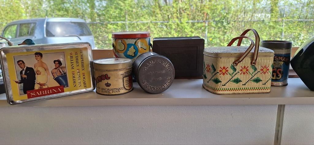 Vintage blikken: Sabrina, Kampen, Droste, en meer, Verzamelen, Blikken, Ophalen of Verzenden, Gebruikt, Overige, Overige merken