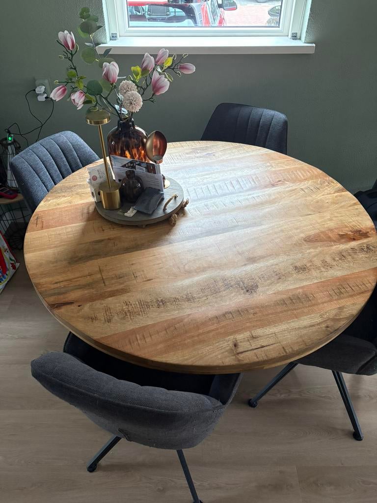 Ronde Mango eettafel, Ophalen, Industrieel hout met zwart metaal x onderstel, Rond, Nieuw