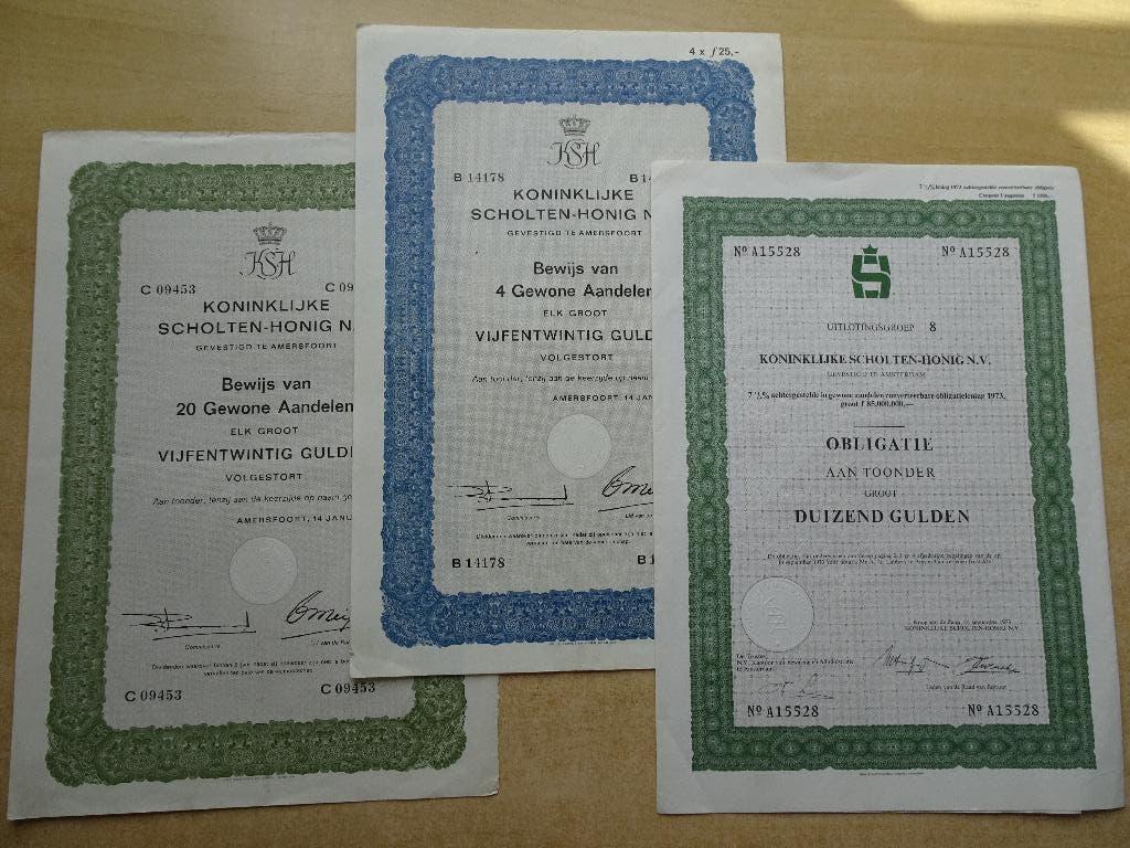 3 verschillende Koninklijke Scholten-Honig Effecten, Postzegels en Munten, Aandelen en Waardepapieren, Ophalen of Verzenden, Aandeel