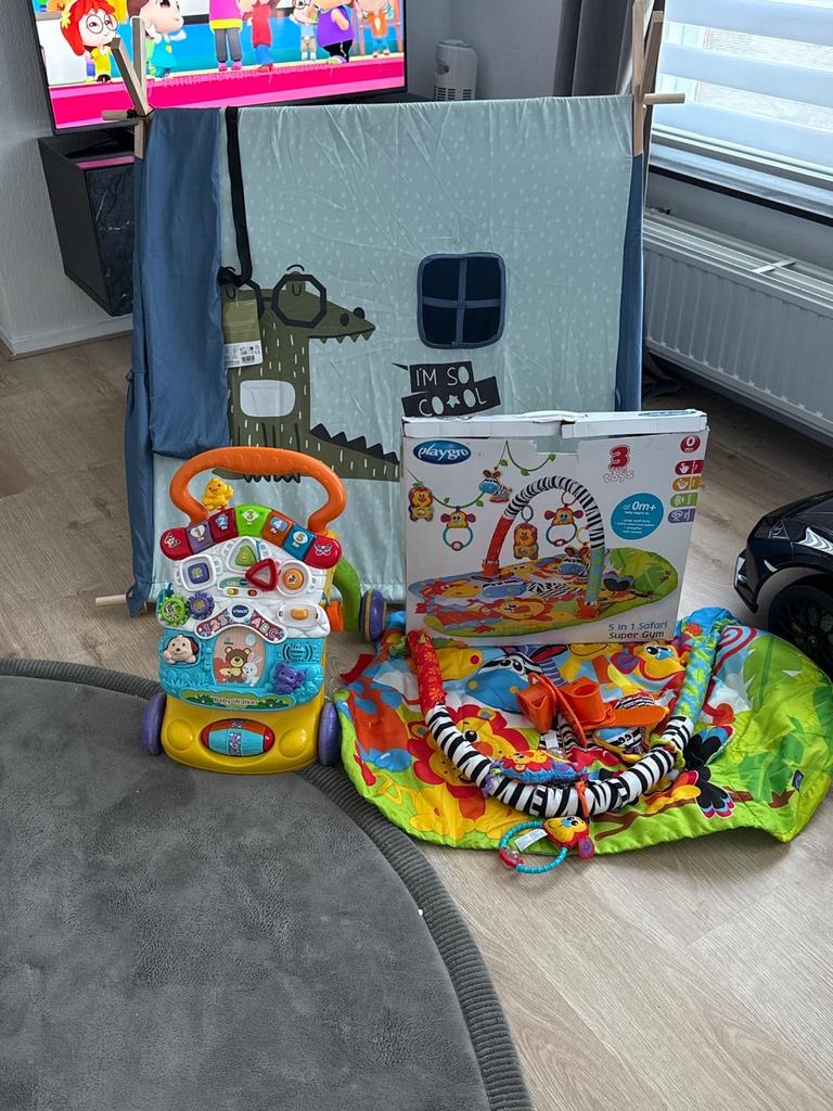 Speelset: Tent, Vtech babywalker & Playgro 3-in-1 safari gym, Ophalen of Verzenden, Gebruikt, Babygym, Met geluid