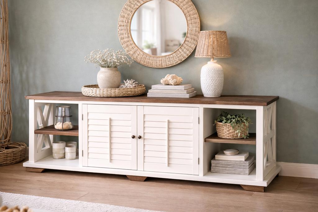 Dressoir/TV meubel Riviera Maison stijl met Louvre deuren, Ophalen, Zo goed als nieuw, 200 cm of meer, Minder dan 100 cm