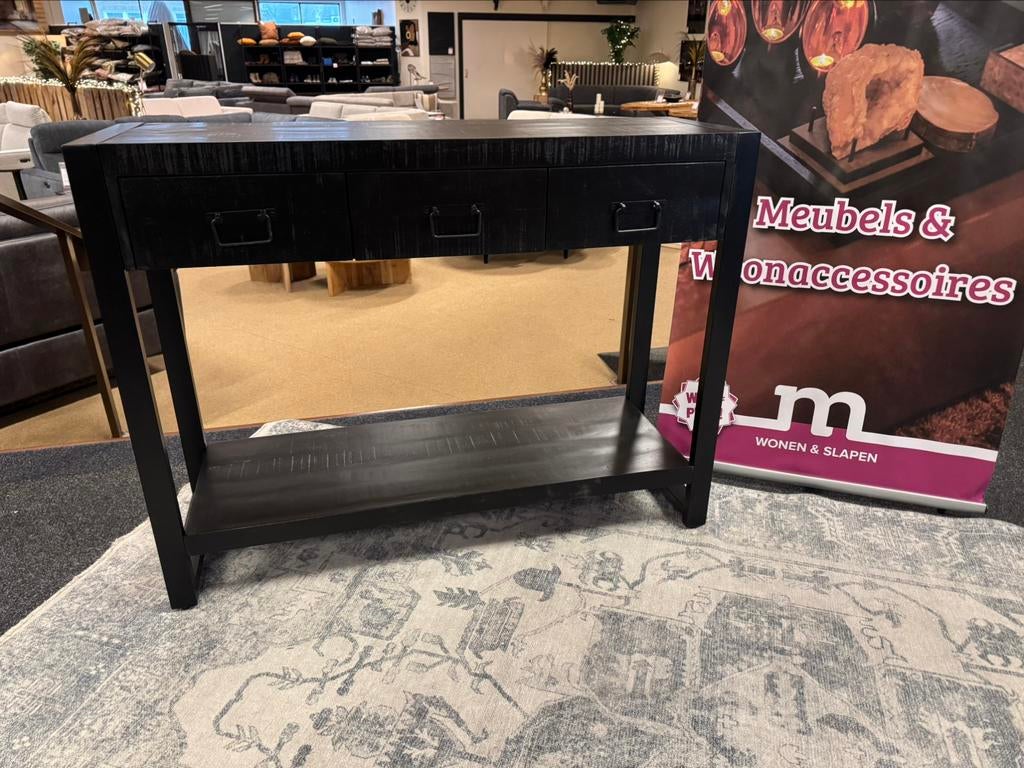 Sidetable Zwart mango/Staal 120cm 3-lades Direct/Leverbaar, Huis en Inrichting, Tafels | Sidetables, 100 tot 150 cm, Nieuw, Mwonenenslapen