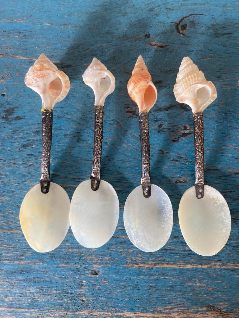4 delicate parelmoeren/wit metaal en schelp kaviaarlepeltjes, Ophalen of Verzenden