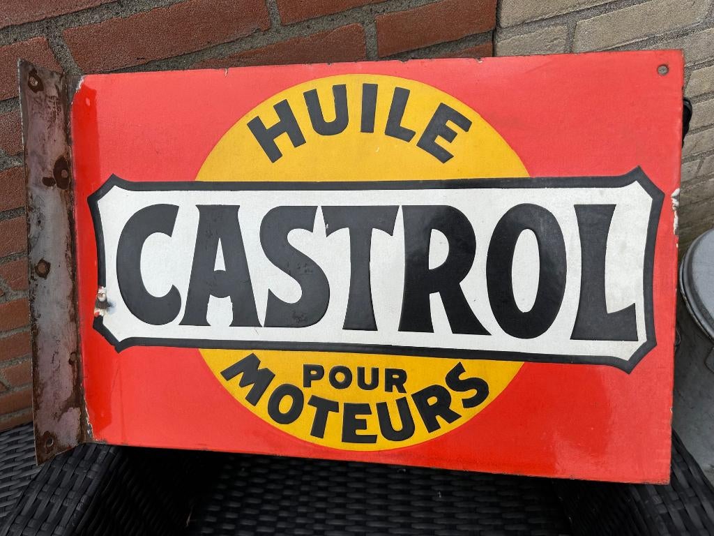 Emaille CASTROL bord. 1935 Dubbelzijdig met flens 50 x 33 cm, Ophalen of Verzenden, Gebruikt, Reclamebord