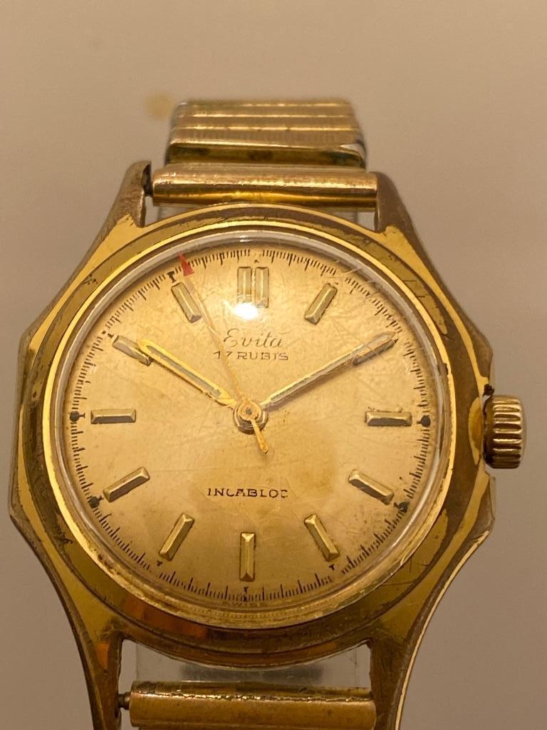 Evita 17 Rubis Incabloc Verguld 32mm Plexiglas Horloge, Sieraden, Tassen en Uiterlijk, Horloges | Antiek, Overige merken, Overige materialen