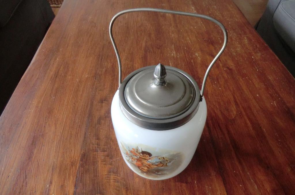 antieke glazen (Engelse) koekjespot, met tinnen deksel, Antiek en Kunst, Ophalen
