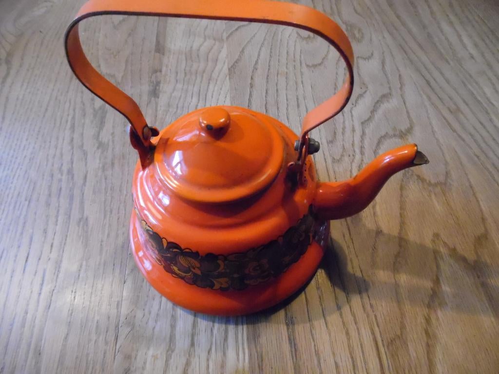 brocante oud oranje bruin keteltje emaille voor op de kachel, Antiek en Kunst, Ophalen of Verzenden