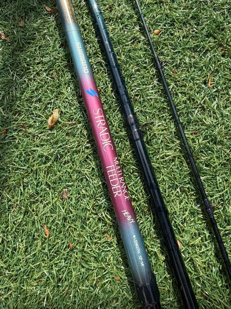 Shimano stradic multi range feeder hengel 12’-14’ + 3 molens, Ophalen, Gebruikt, Complete set