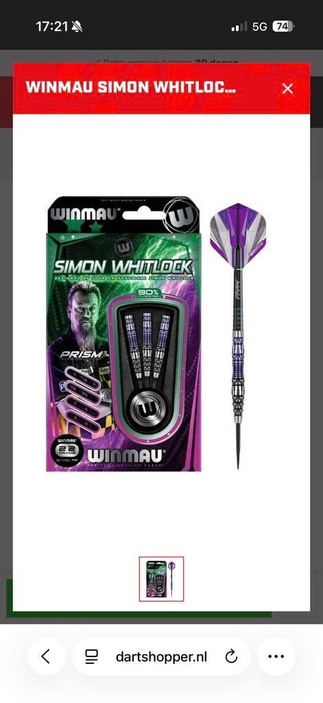 Winmau Simon Whitlock Darts 22g, Ophalen of Verzenden, Nieuw, Pijlen