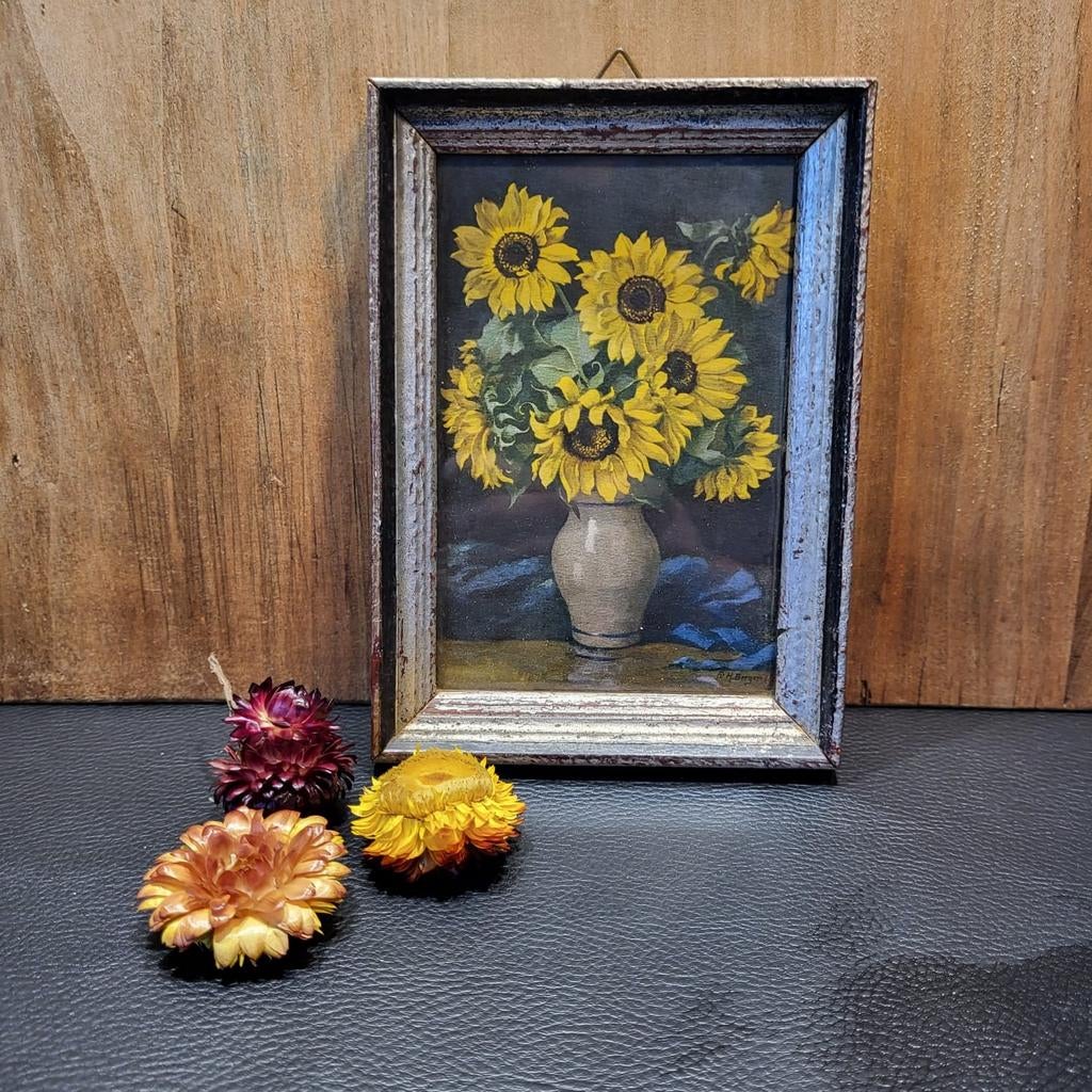 Reproductie zonnebloemen schilderijtje 16,5 bij 12, Ophalen of Verzenden