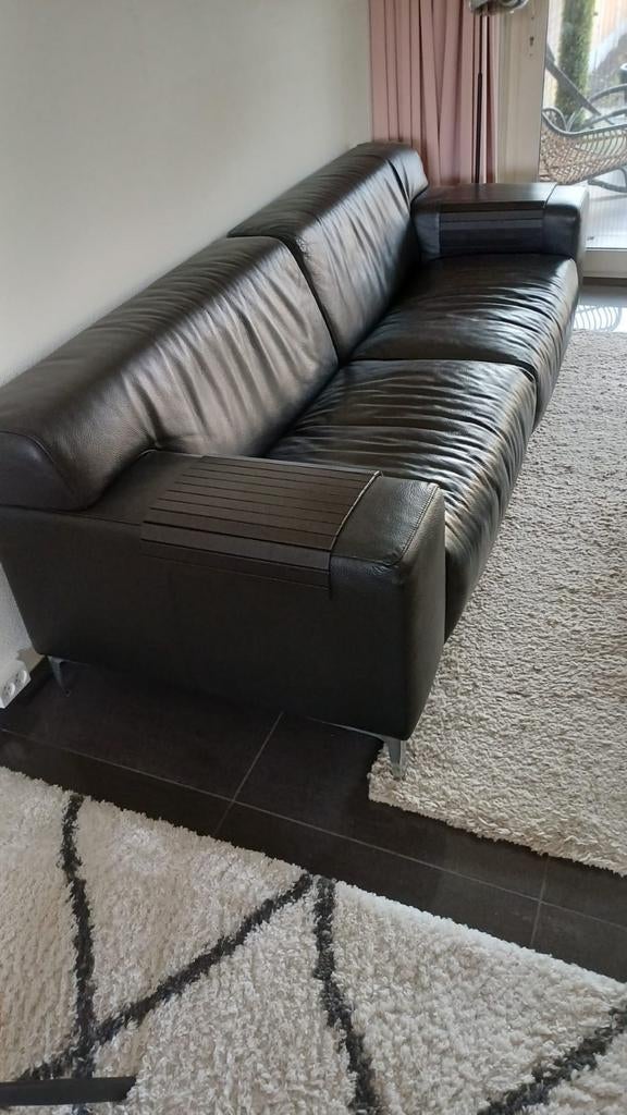 Zwarte leren 3-zitsbank in goede staat, Gebruikt, Driepersoons, Ophalen of Verzenden, Rechte bank