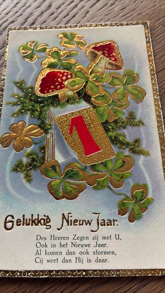 Nieuwjaar. Met gedicht.paddestoelen, klaver,veel goudopdruk, Ophalen of Verzenden, 1920 tot 1940, Gelopen