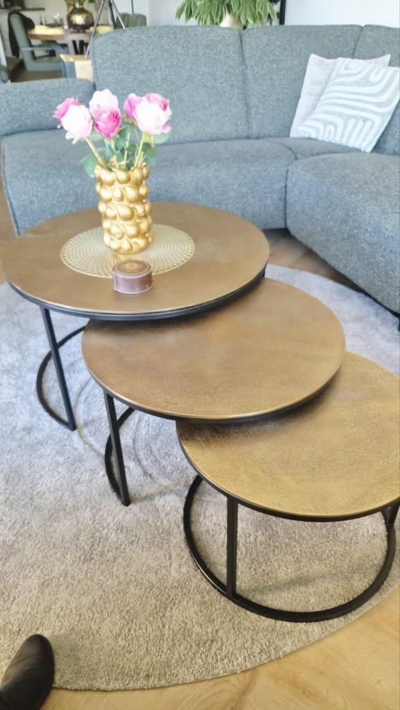 3-delige salontafelset goudkleurig/brons met zwart onderstel, Ophalen of Verzenden, Gebruikt, Rond, Overige materialen