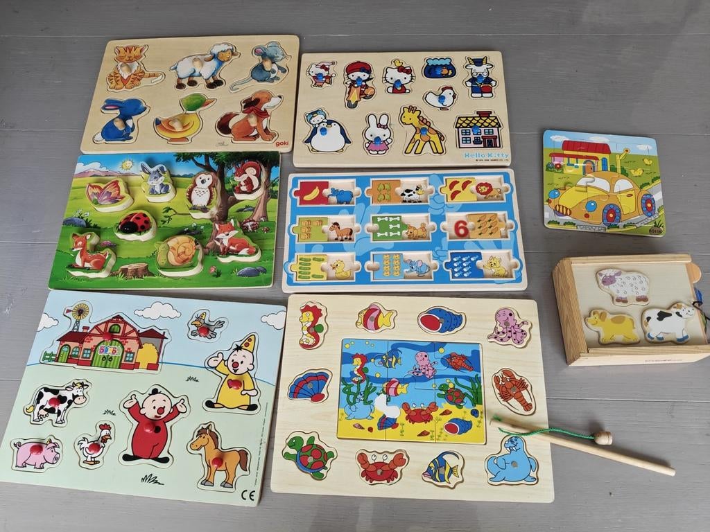 Houten puzzels 8 stuks kinderen boerderij, dieren, vissen, Ophalen of Verzenden, 10 tot 50 stukjes, Zo goed als nieuw, Van hout