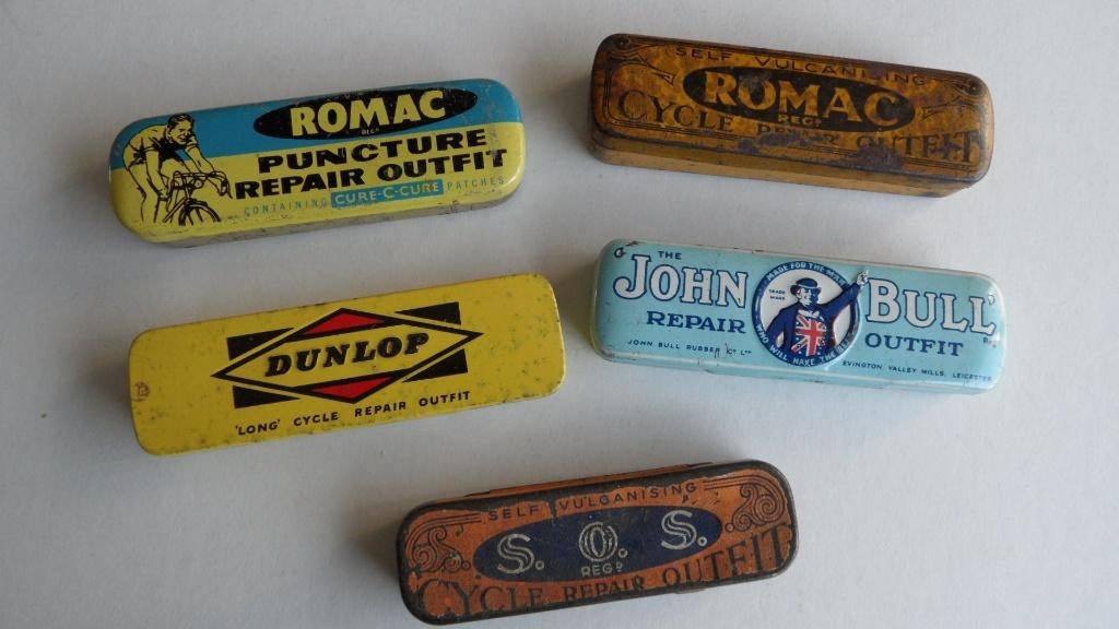 Banden reparatie blikjes 5 x Romac - Dunlop -John Bull -, Verzenden, Gebruikt, Overige, Overige merken