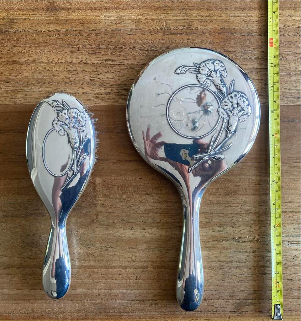 Vintage Gero 90 verzilverd toiletset – spiegel & borstel, Antiek en Kunst, Ophalen