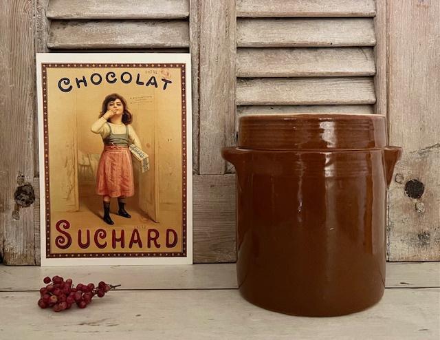 Vintage Franse grès pot olijven pot met deksel bruin glazuur