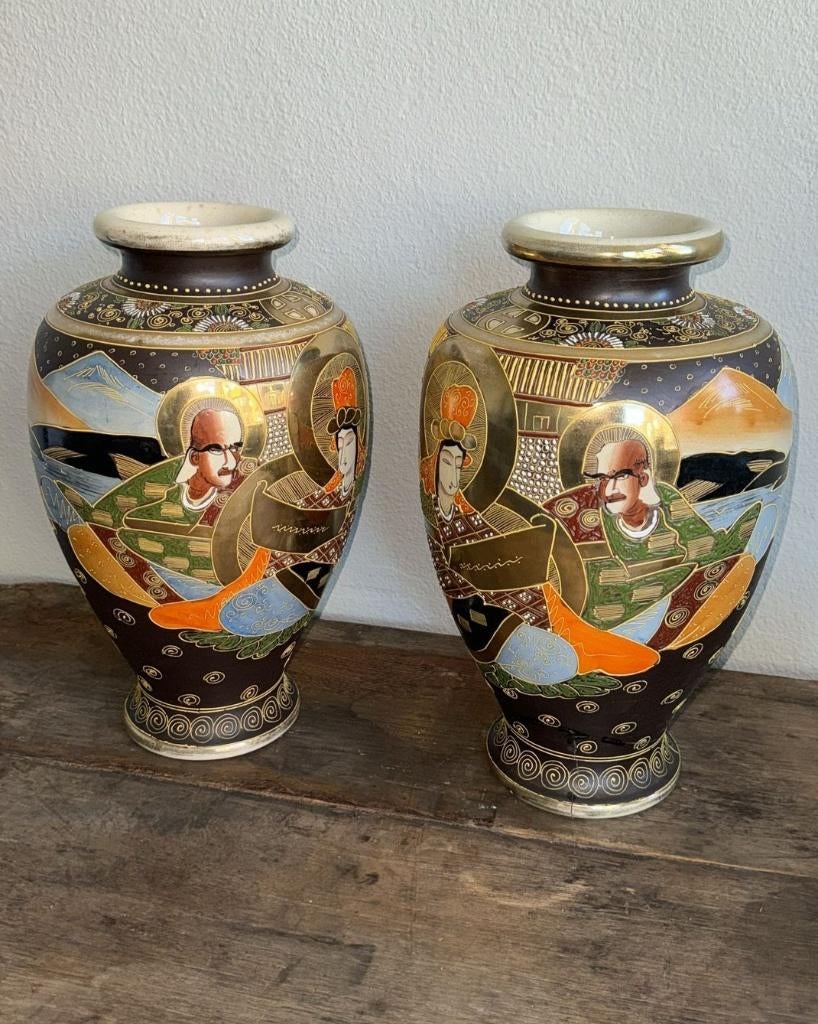 Japanse Satsuma vazen set – handbeschilderd – vintage – goud, Antiek en Kunst, Ophalen of Verzenden