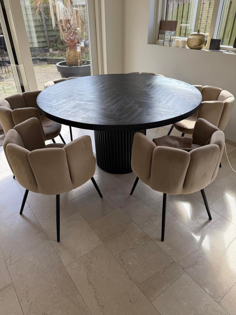 Ronde eiken visgraat eettafel Ø150 + 2 salontafels | zwart, Huis en Inrichting, Tafels | Eettafels, Ophalen, Gebruikt, 100 tot 150 cm