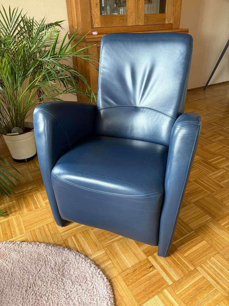 Blauwe leren fauteuil, Ophalen, Gebruikt, Leer, 75 tot 100 cm
