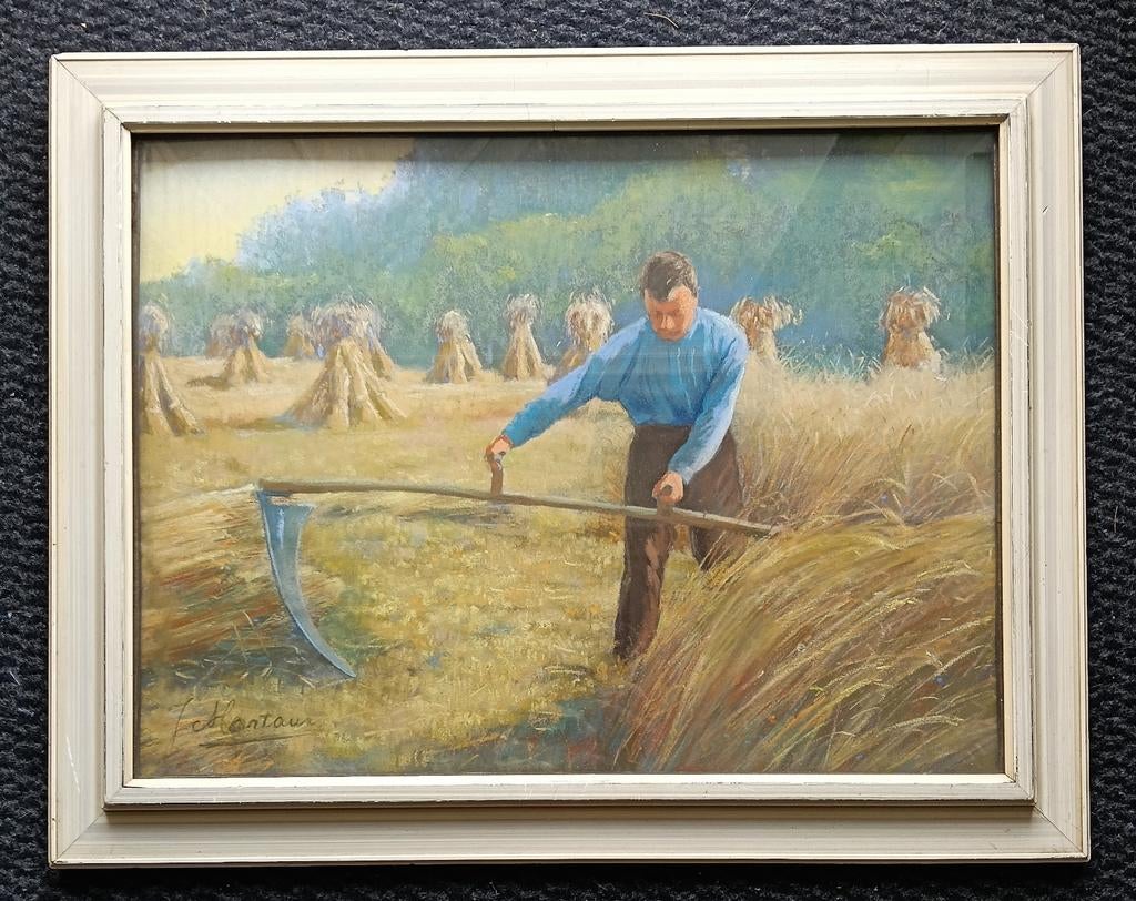 1930 - Landschap met maaier en korenschoven - Gesigneerd, Ophalen of Verzenden