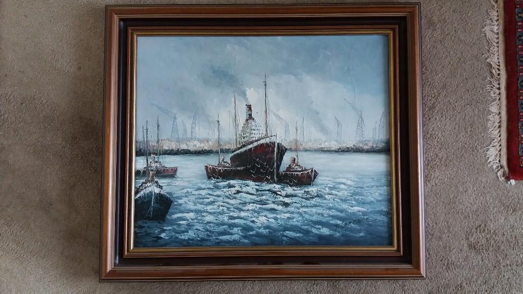 Schilderij van een oud havengezicht € 50,00, Ophalen
