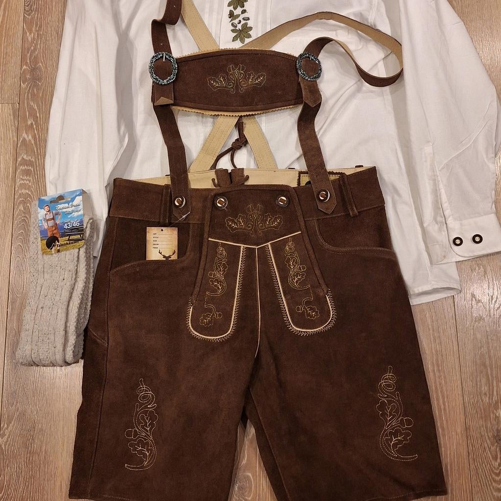 Lederhose 52 trachten overhemd kousen oktoberfeest, Ophalen, Zo goed als nieuw, Maat 52/54 (L)