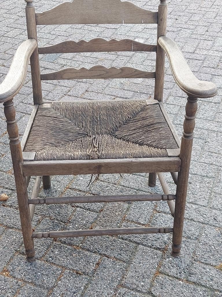 retro armstoel vintage oud houten stoel rieten zitting, Ophalen, Gebruikt, Bruin, Hout