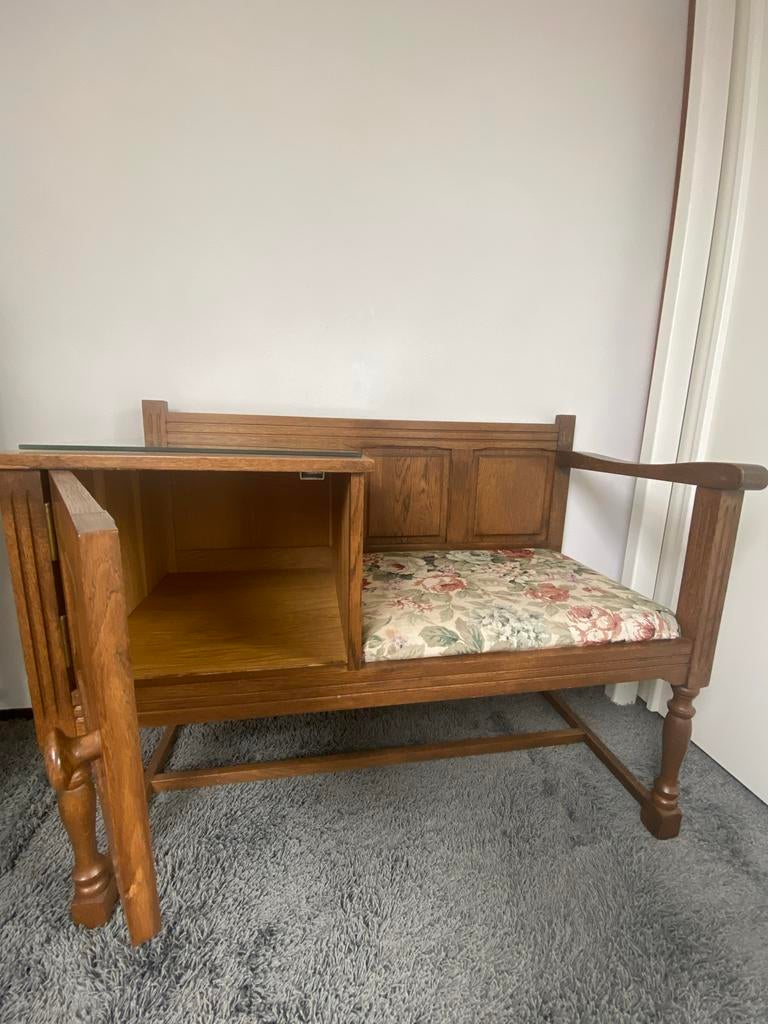Vintage Eikenhouten Halbank met Telefoonboekje, Antiek en Kunst, Antiek | Meubels | Stoelen en Banken, Ophalen of Verzenden