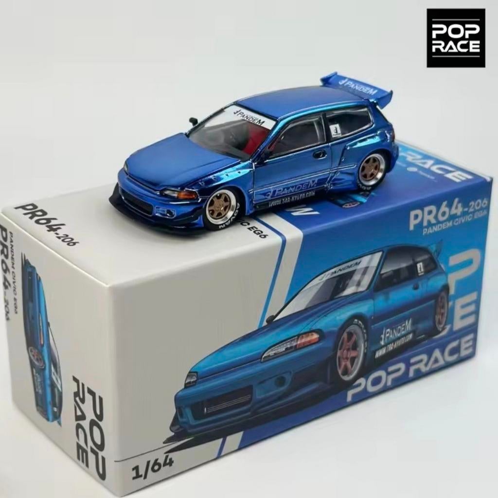 Pop Race Pandem Civic EG6 1/64 Chrome/Blauw, Ophalen of Verzenden, Nieuw, Auto
