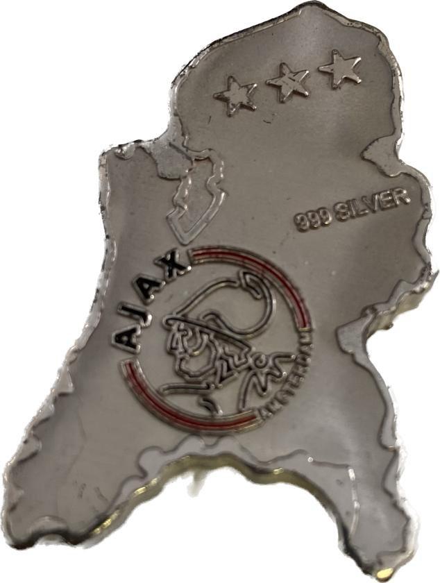 Uniek zilverstuk met Ajax er op en in de vorm NL-landkaart, Ophalen, Nederland, Munten en Bankbiljetten