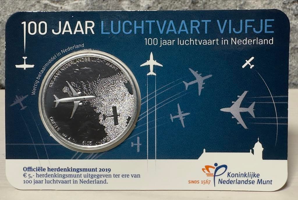 100 Jaar Luchtvaart Vijfje UNC Coincard, Ophalen of Verzenden, Koningin Beatrix, Euro's, Losse munt