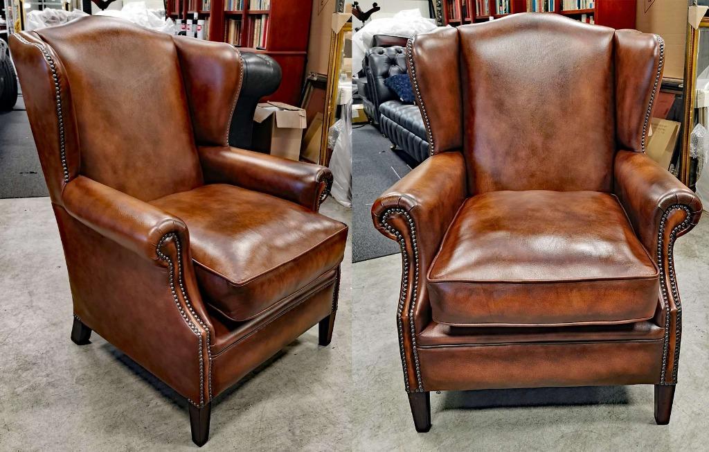 NIEUW Chesterfield 2x Dutch Wing Chairs antiek bruin leer, Eenpersoons, Chesterfield, Nieuw, 75 tot 100 cm