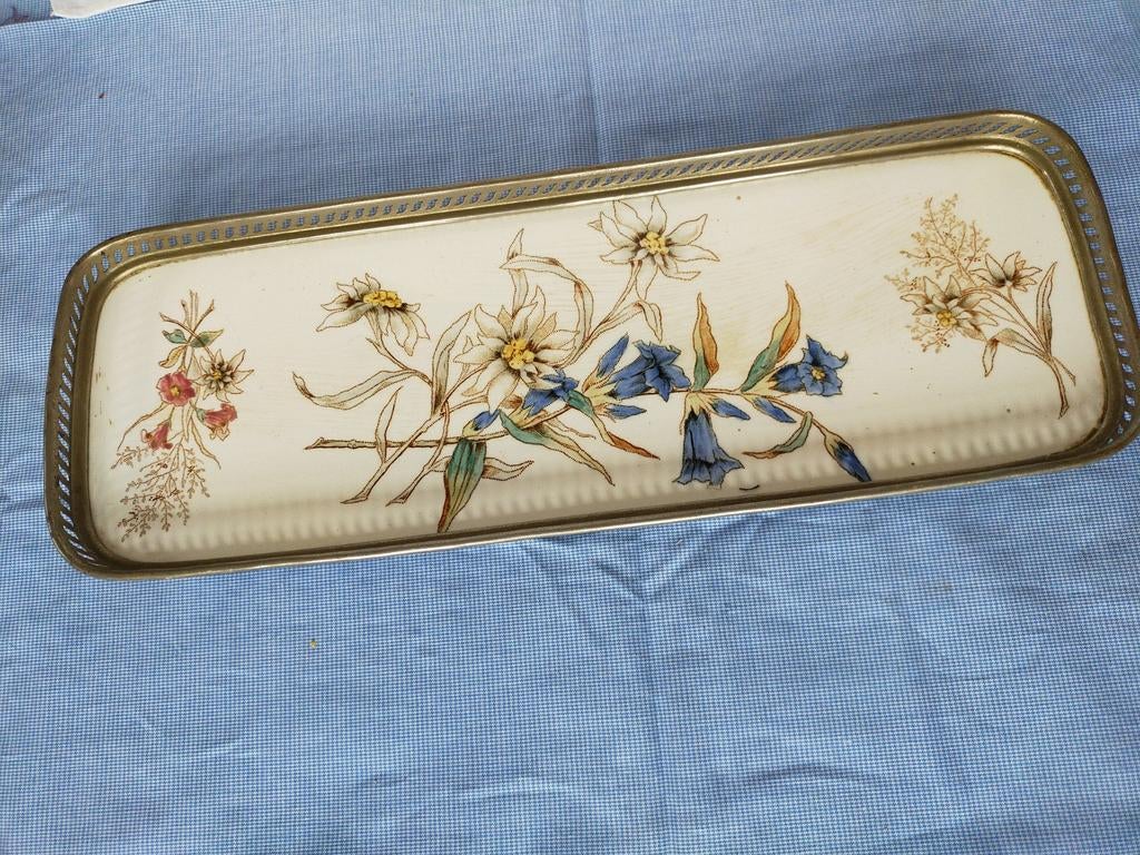 Antiek dienblad porselein & gentiaan, heeft cracule., Antiek en Kunst, Antiek | Porselein, Ophalen of Verzenden