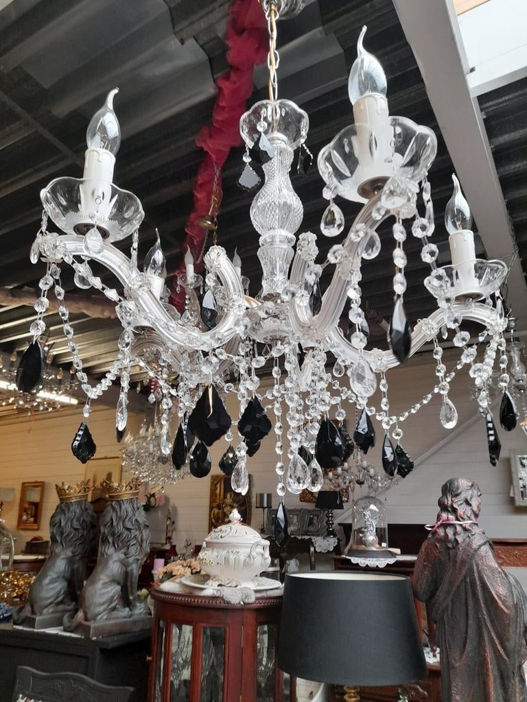 Mooie kristallen kroon luchter met zwarte kristallen pegels, Ophalen of Verzenden, Zo goed als nieuw