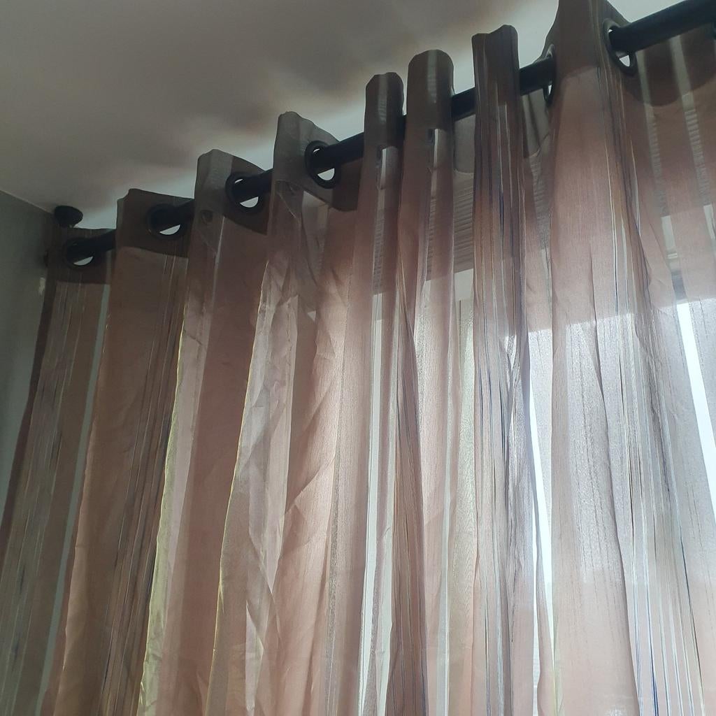 In between vitrage taupe met strepen en bronskleurige ri, Gebruikt, 200 cm of meer, Klassiek, Ophalen of Verzenden