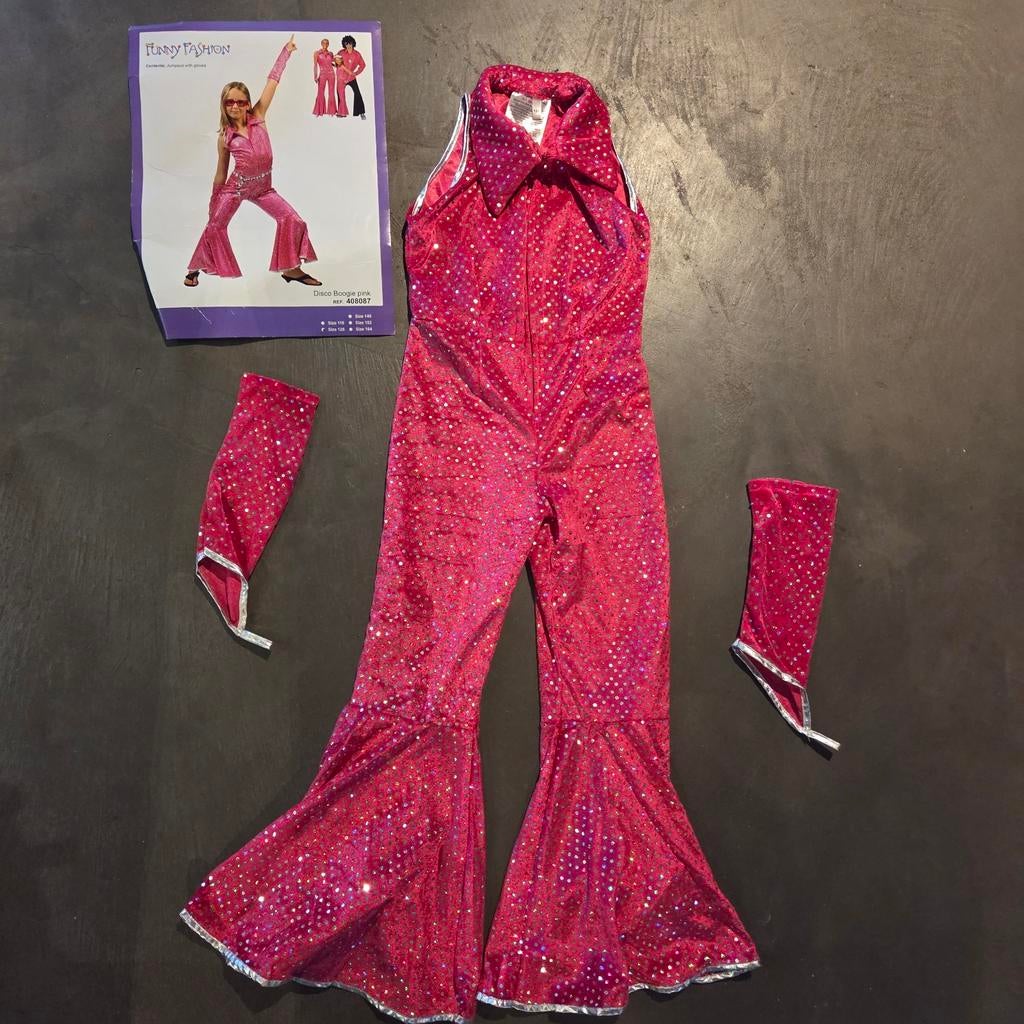 Disco glitter jumpsuit meisje 128 carnaval, Ophalen of Verzenden, Zo goed als nieuw, 122 t/m 128, Meisje