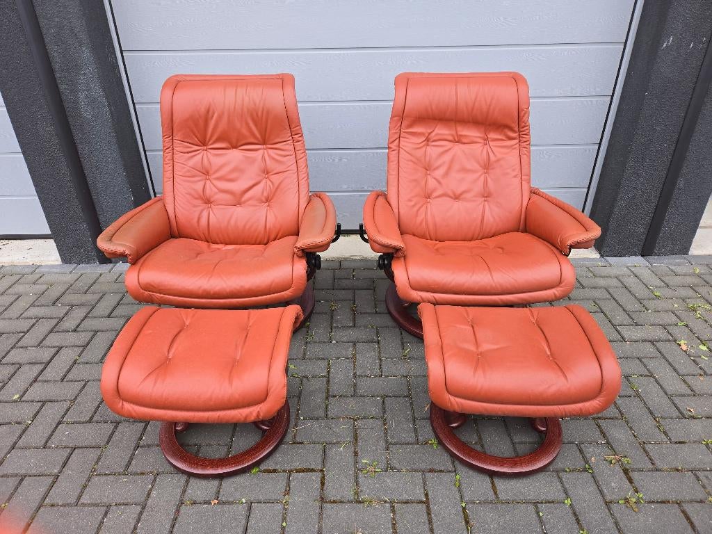 Bruine lederen relaxfauteuils (merk Stressless), Huis en Inrichting, Fauteuils, Gebruikt, Hout, Leer, 50 tot 75 cm, 75 tot 100 cm