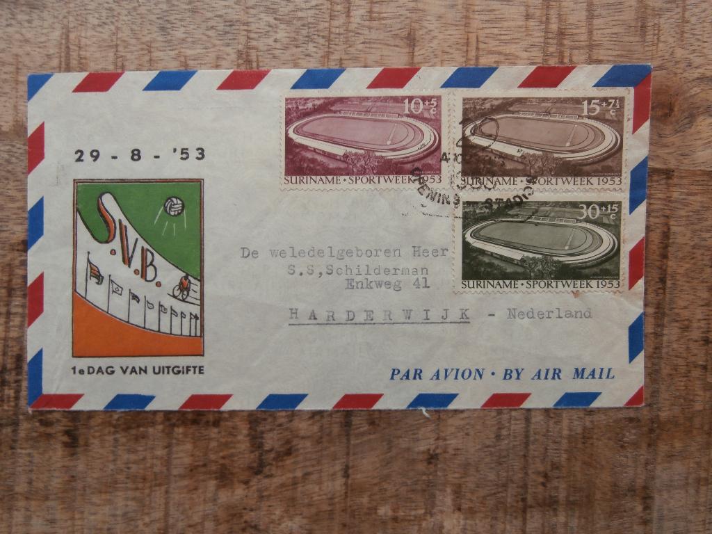 SURINAME 1953; FDC E-2 STADIONSERIE LEES, Verzenden, Beschreven, Rest van de wereld