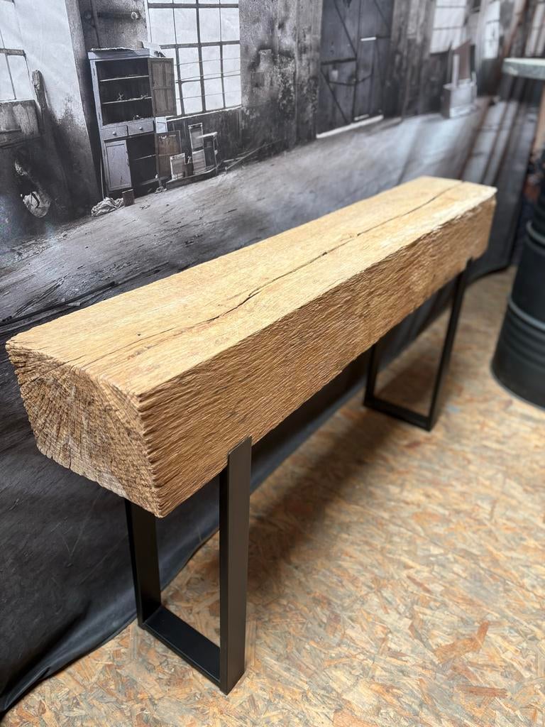 Side table oud eiken balk dressoir bijzettafel, Huis en Inrichting, Tafels | Sidetables, Ophalen, 100 tot 150 cm, Rustic modern