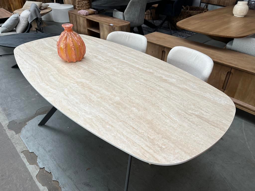 Magazijn leegverkoop eettafel deens ovaal Travertin metaal, Nieuw, Ophalen of Verzenden, Info@wkhome.nl, Argonweg 20 Amersfoort