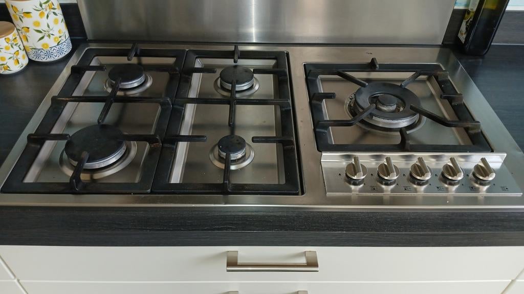 RVS Gasfornuis 5-pits met Wokbrander - 91x51,5cm, Ophalen, Gebruikt, Inbouw, Gas