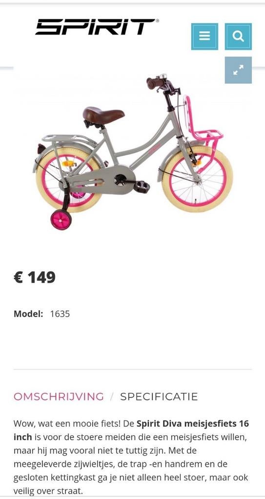 Spirit diva meisjes fiets, Ophalen of Verzenden, Gebruikt, 16 inch